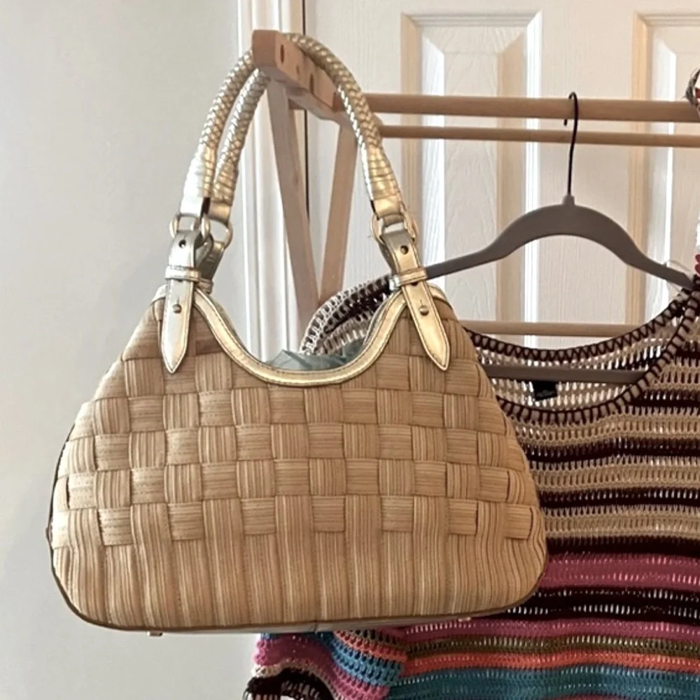 Cole Hahn Genevieve Weave Handles XL Canvas Gold leather triangle Tote Hobo
